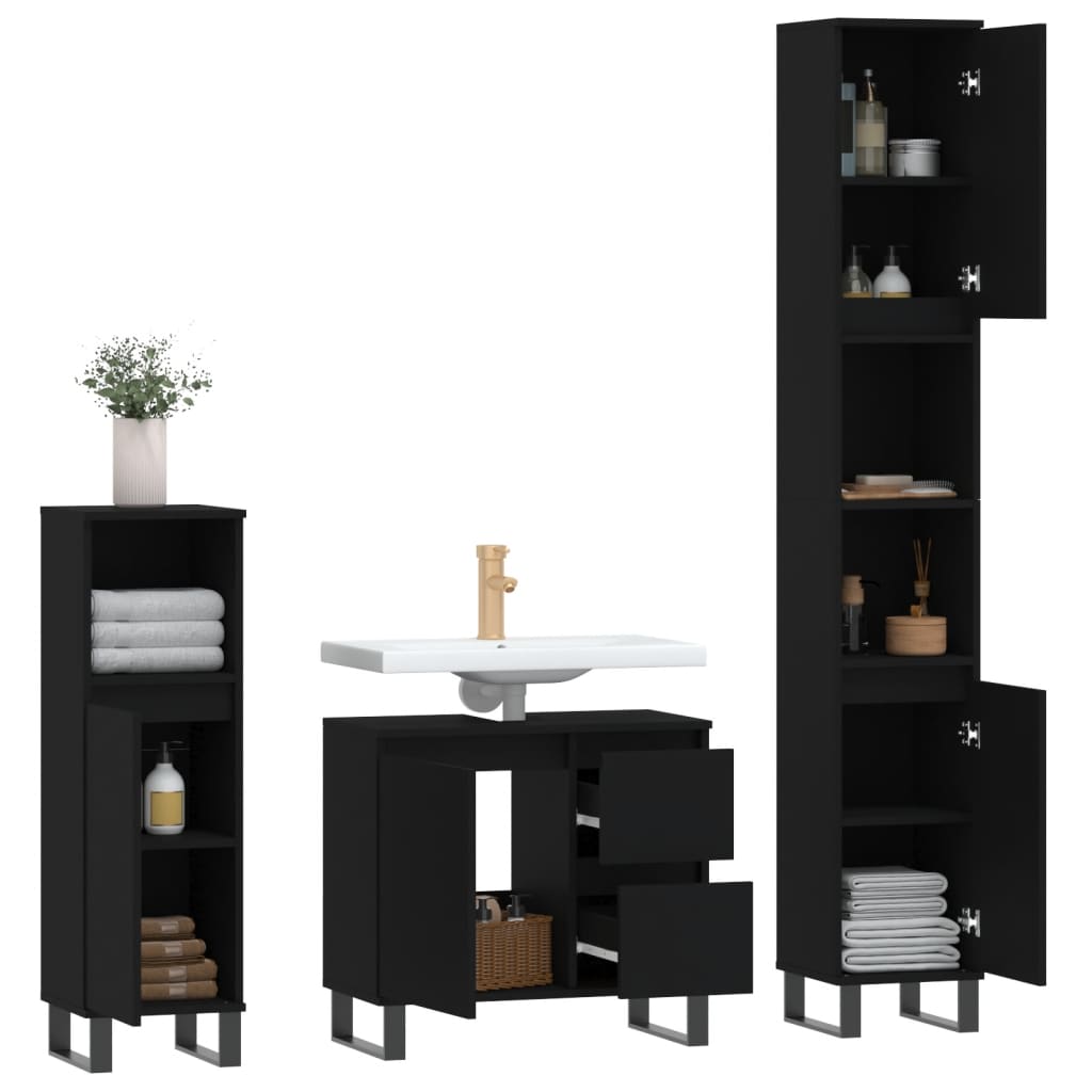 Set mobilier de baie, 3 piese, negru, lemn compozit