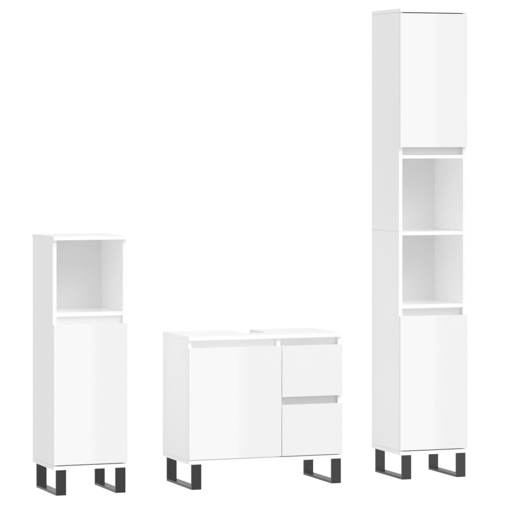 Set mobilier de baie, 3 piese, alb extralucios, lemn compozit