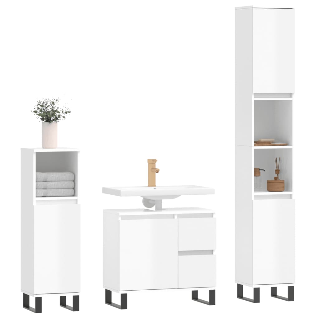 Set mobilier de baie, 3 piese, alb extralucios, lemn compozit