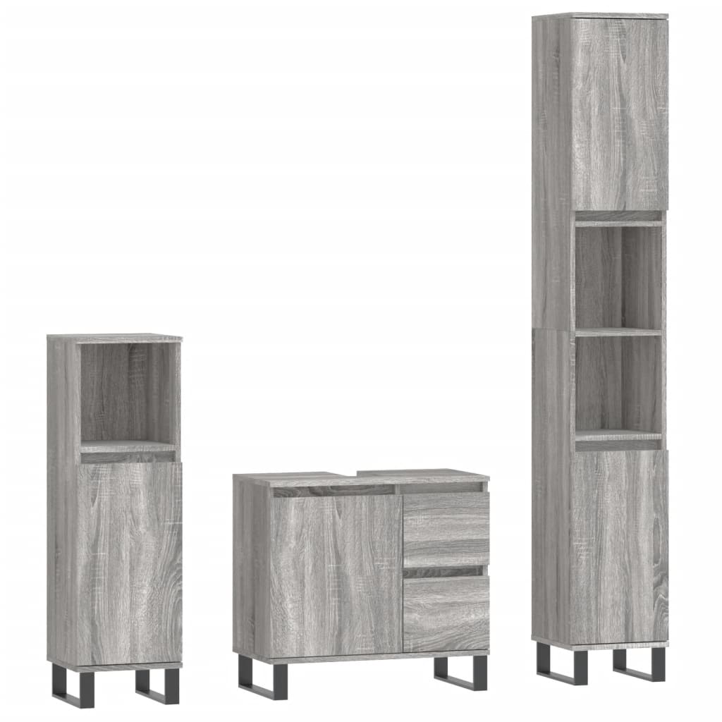 Set mobilier de baie, 3 piese, gri sonoma, lemn prelucrat