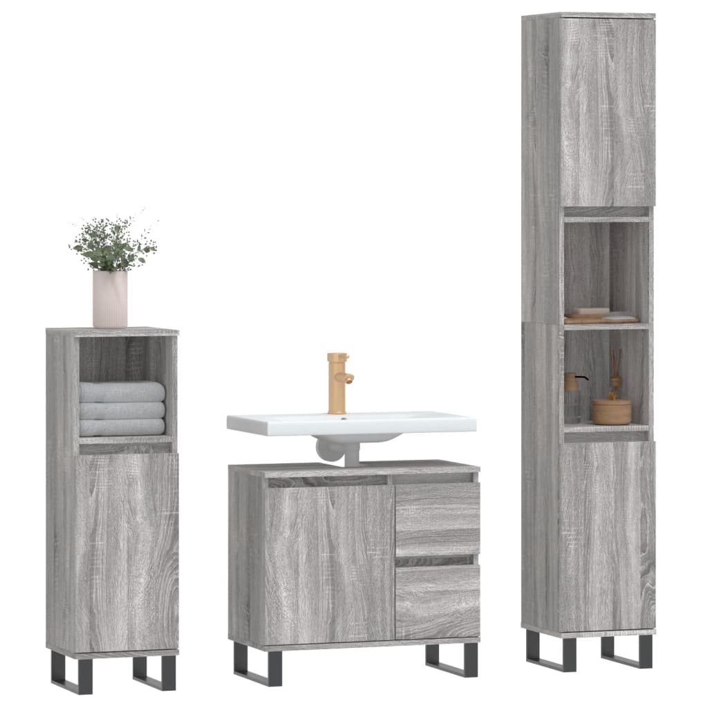 Set mobilier de baie, 3 piese, gri sonoma, lemn prelucrat