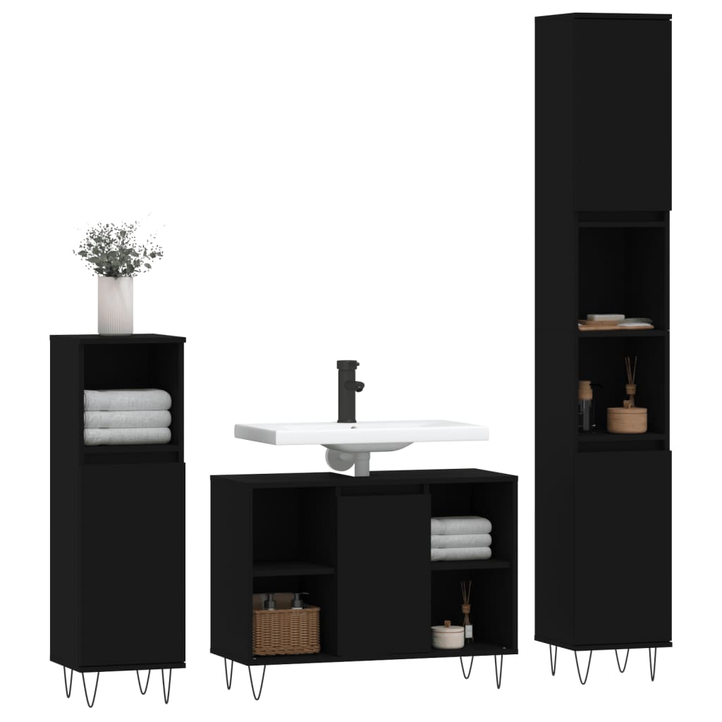 Set mobilier de baie, 3 piese, negru, lemn compozit