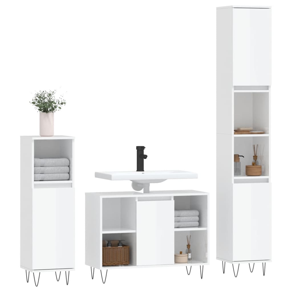 Set mobilier de baie, 3 piese, alb extralucios, lemn compozit