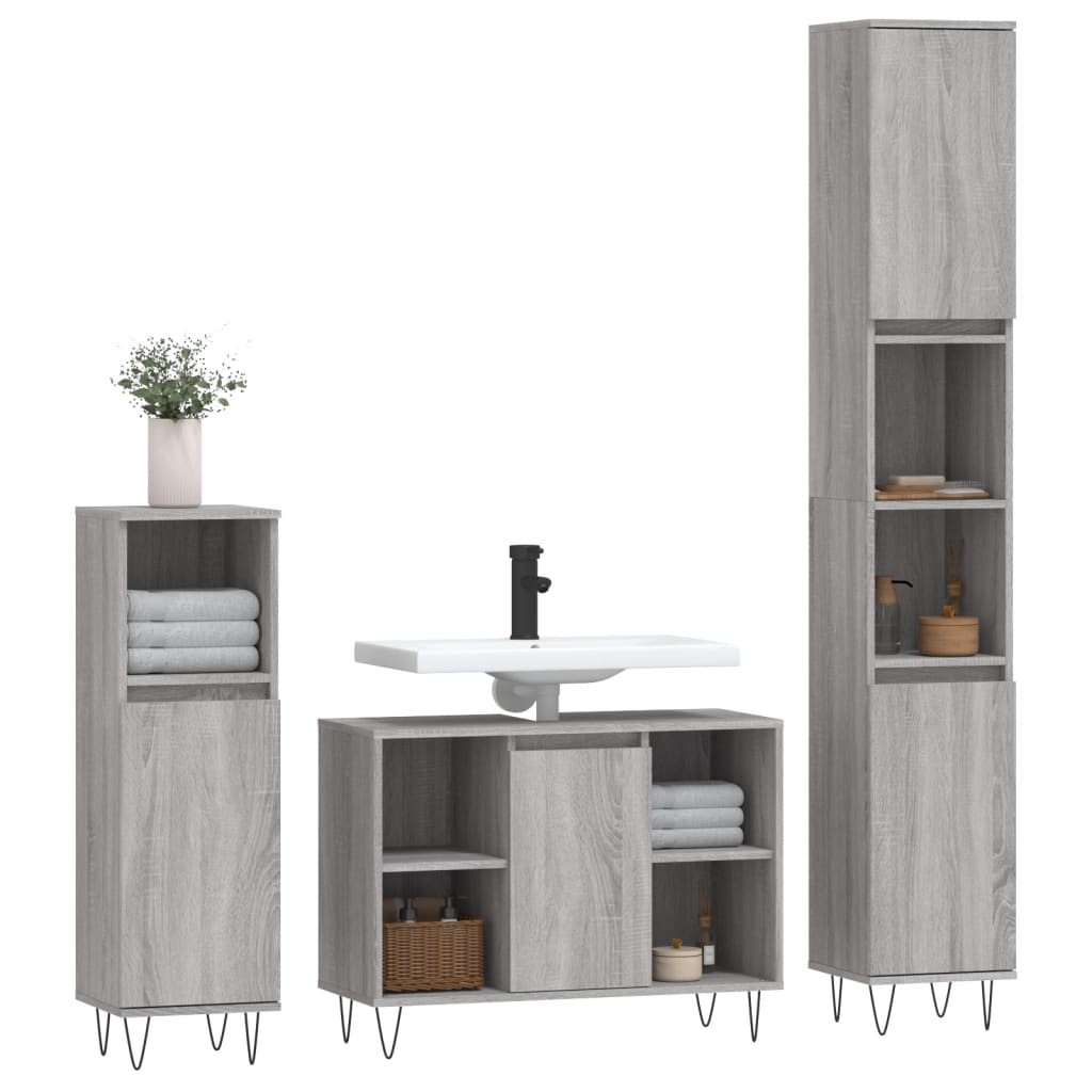 Set mobilier de baie, 3 piese, gri sonoma, lemn prelucrat