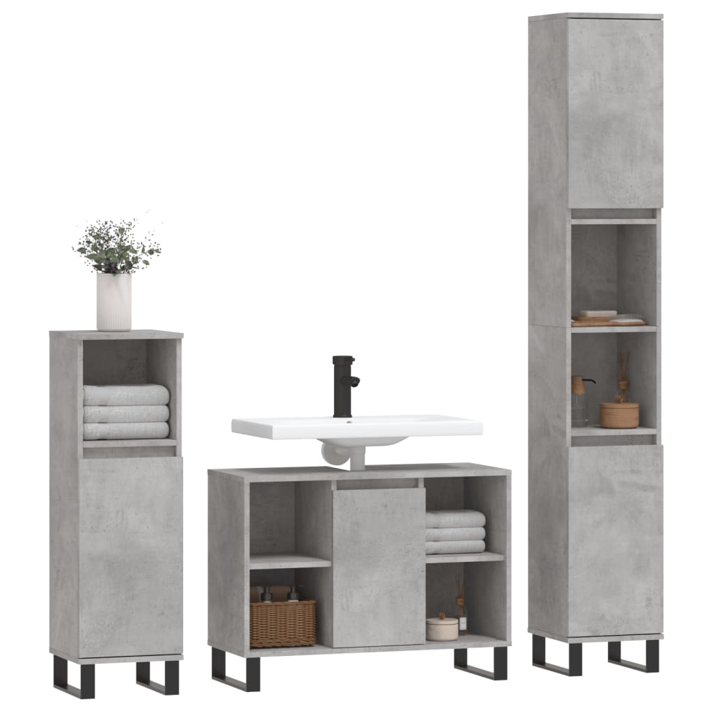 Set mobilier de baie, 3 piese, gri beton, lemn compozit