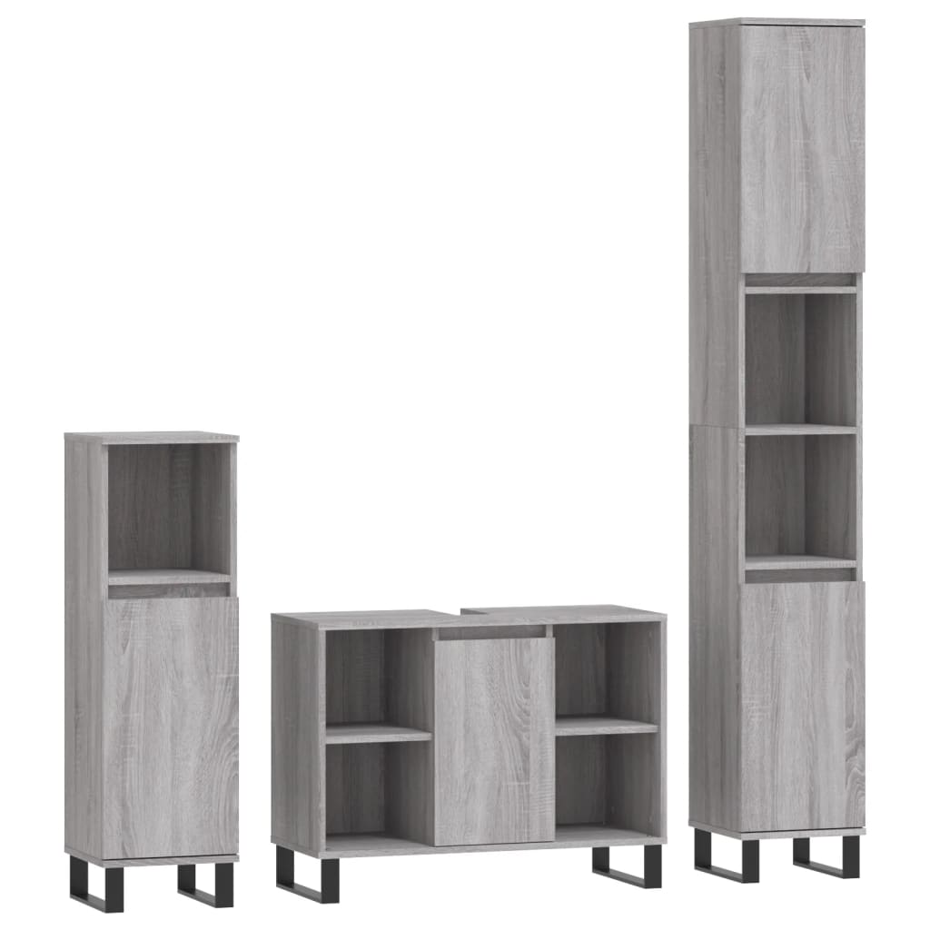 Set mobilier de baie, 3 piese, gri sonoma, lemn prelucrat