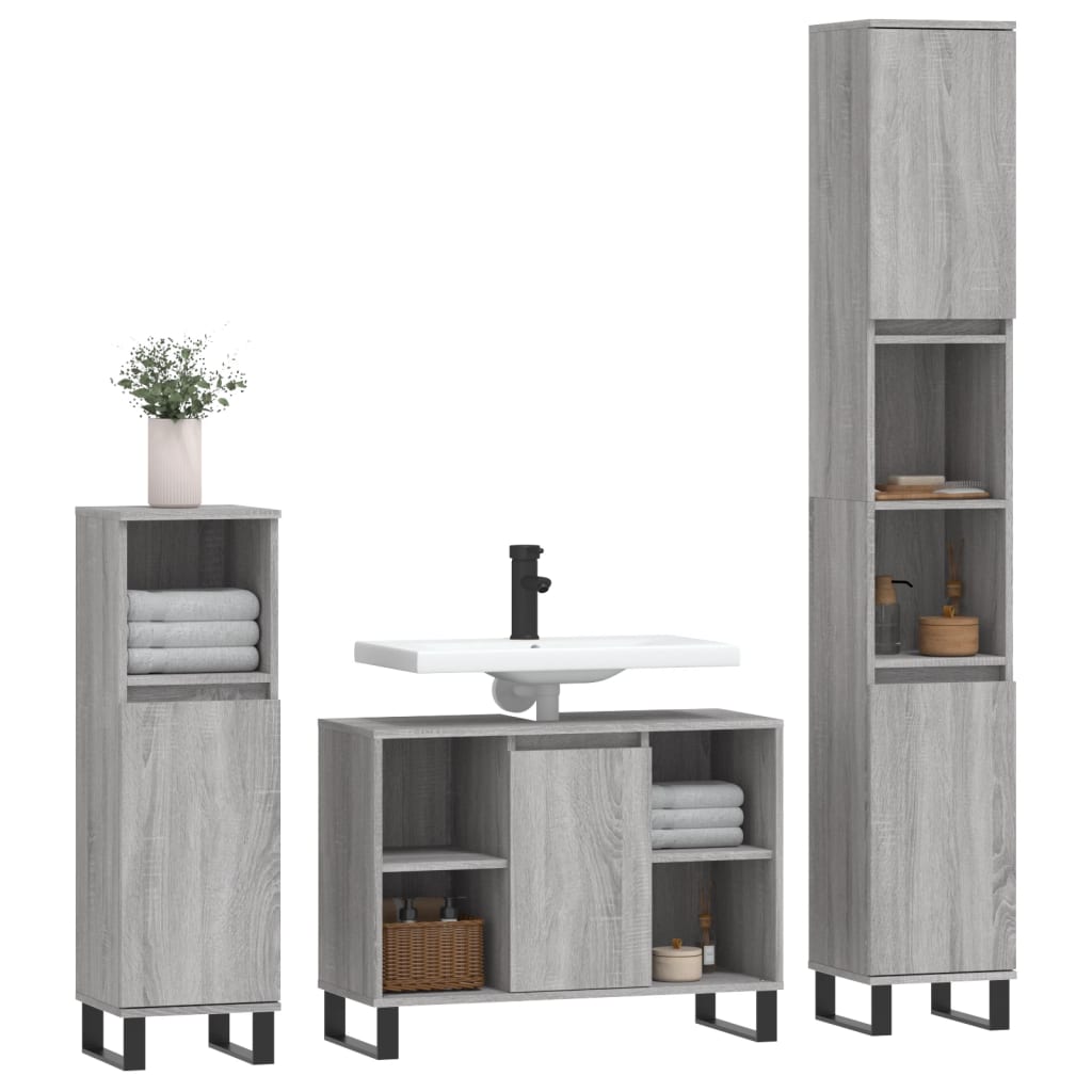 Set mobilier de baie, 3 piese, gri sonoma, lemn prelucrat