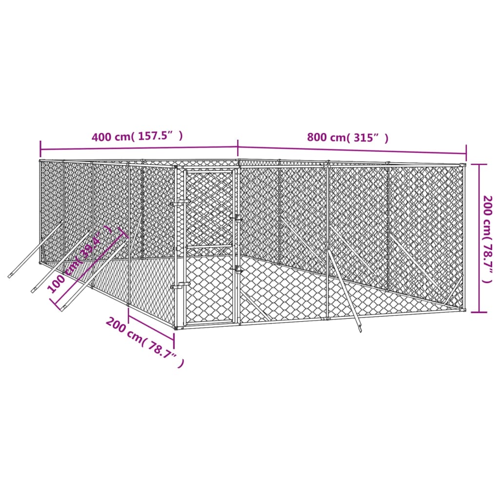 Padoc de exterior pentru câini argintiu 4x8x2 m oțel galvanizat