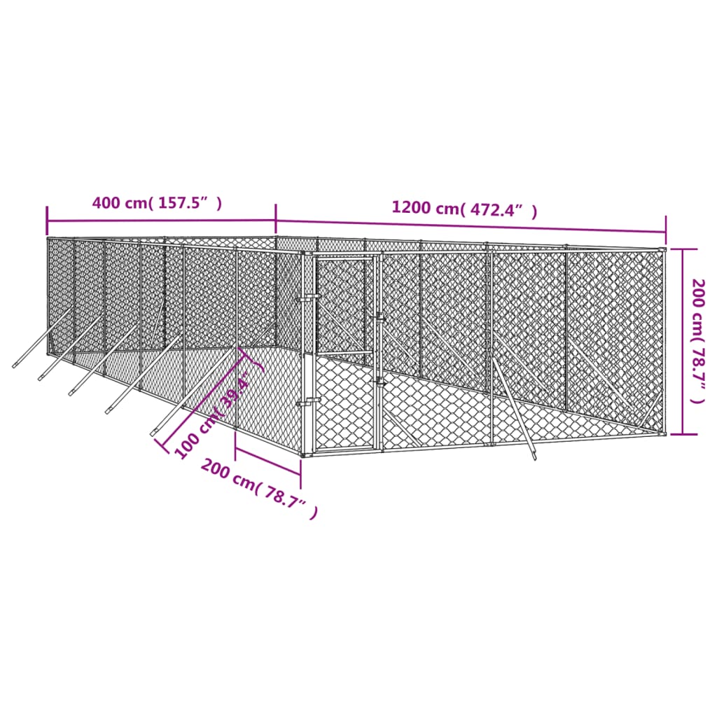 Padoc de exterior pentru câini argintiu 4x12x2m oțel galvanizat