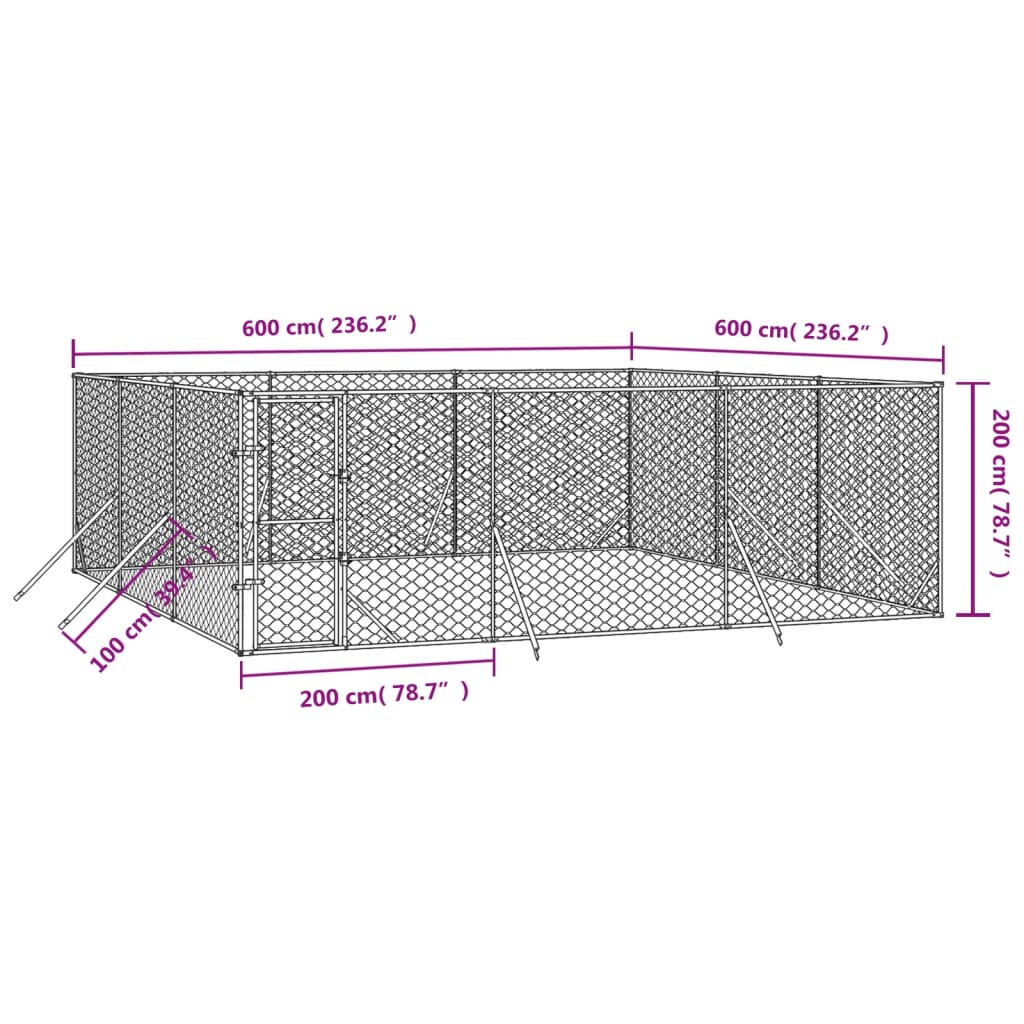 Padoc de exterior pentru câini argintiu 6x6x2 m oțel galvanizat