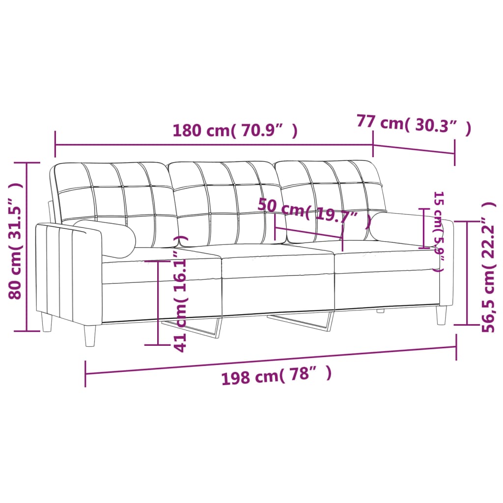 Canapea cu 3 locuri cu pernuțe, gri deschis, 180 cm, textil