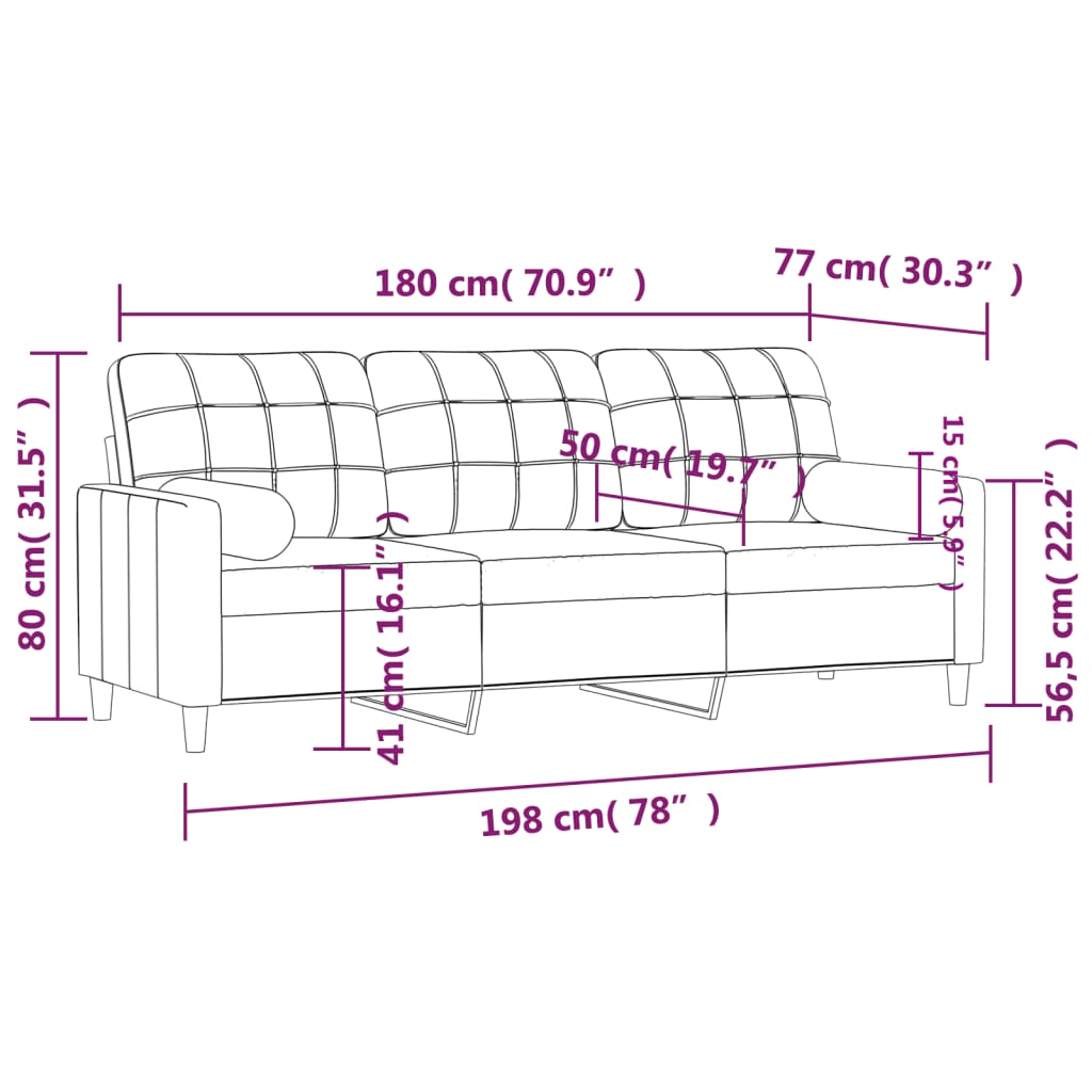 Canapea cu 3 locuri cu pernuțe, maro, 180 cm, textil