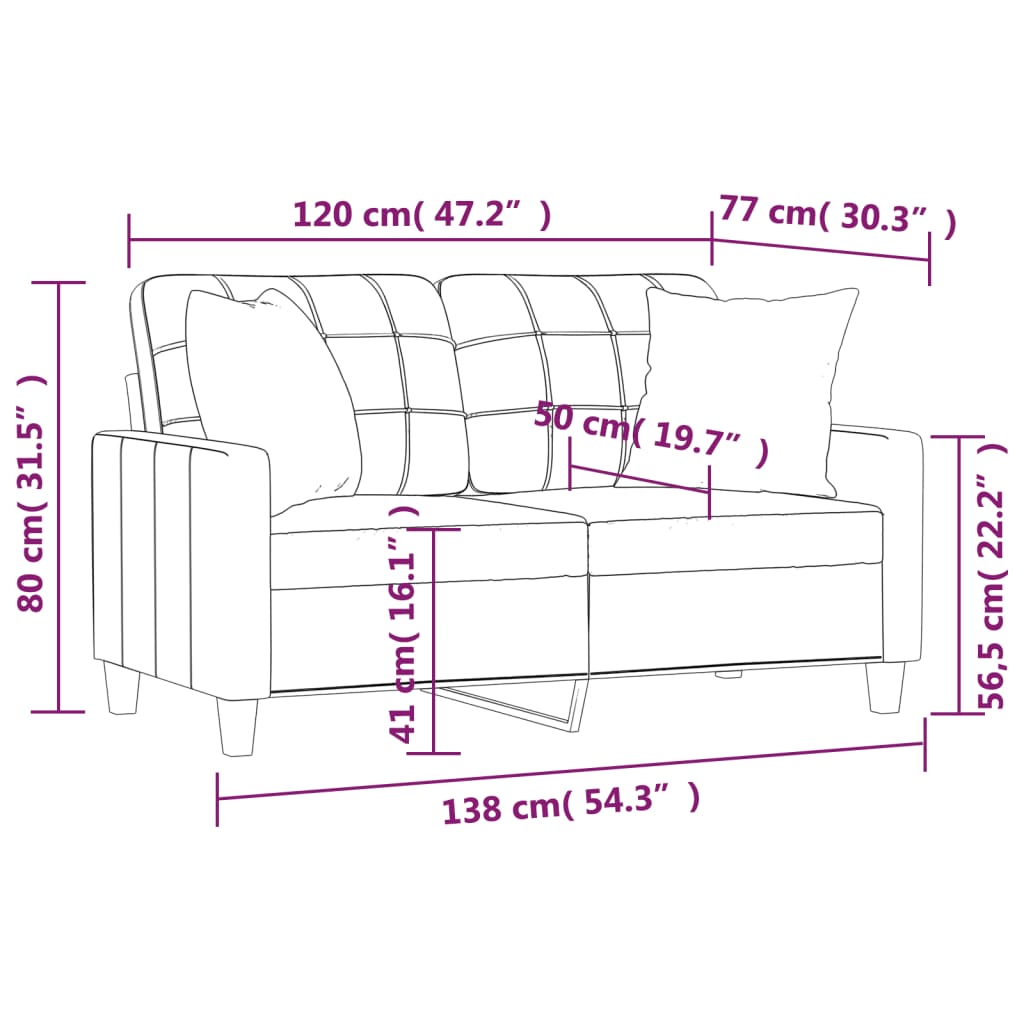 Canapea cu 2 locuri cu pernuțe, gri, 120 cm, piele ecologică