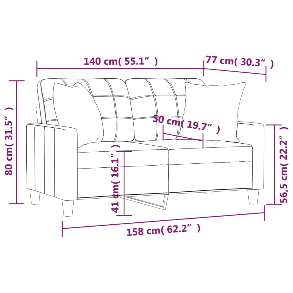 Canapea cu 2 locuri cu pernuțe, gri, 140 cm, piele ecologică