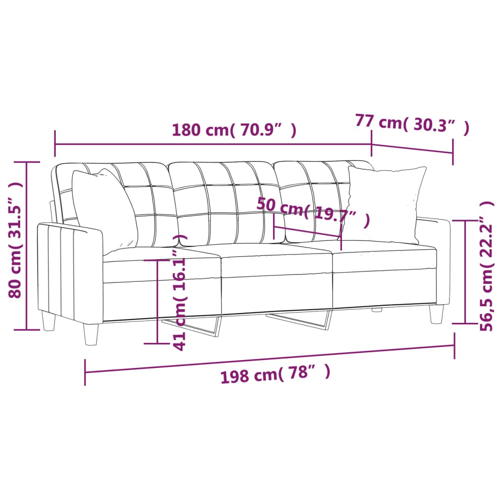 Canapea cu 3 locuri cu pernuțe, gri, 180 cm, piele ecologică