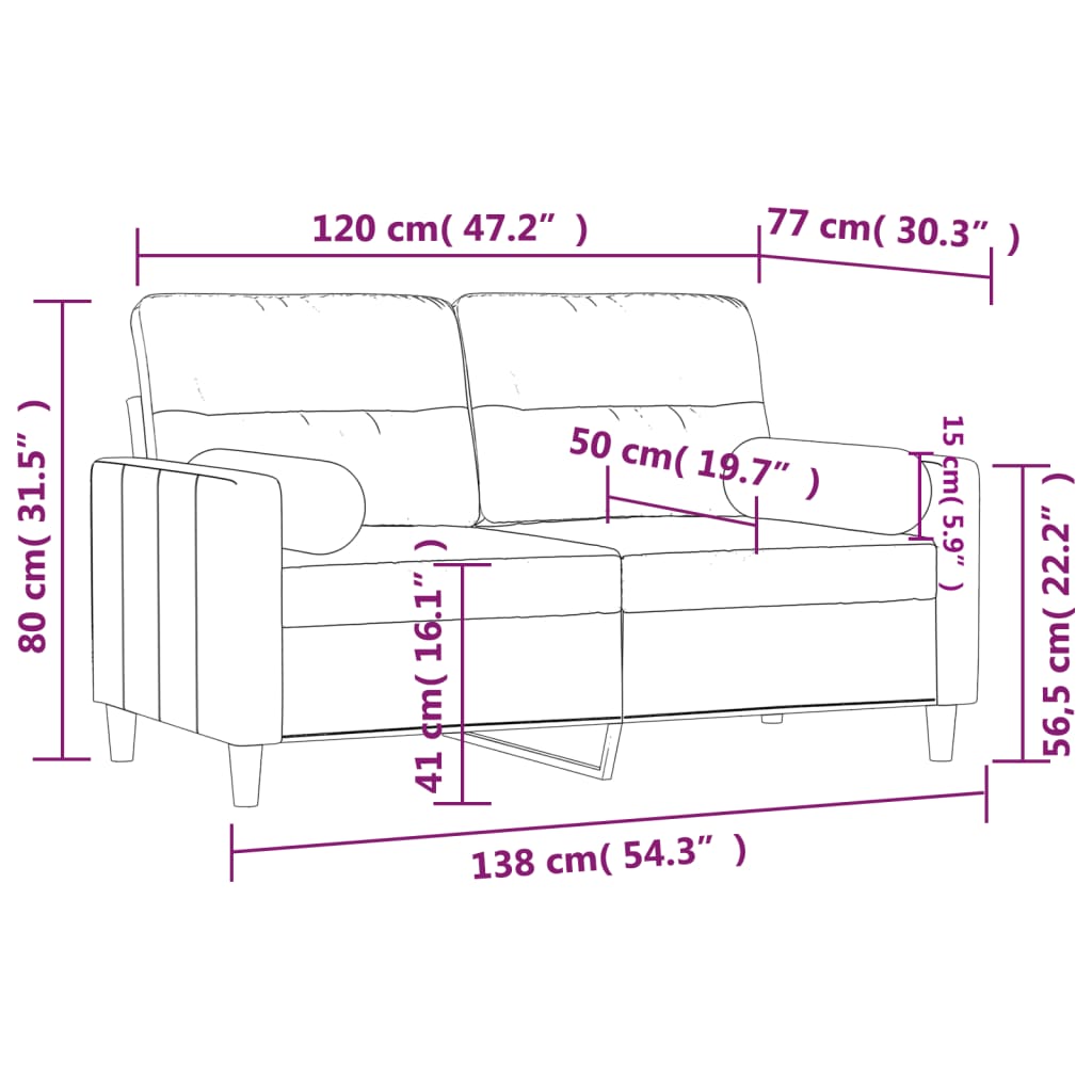 Canapea cu 2 locuri cu pernuțe, gri deschis, 120 cm, textil