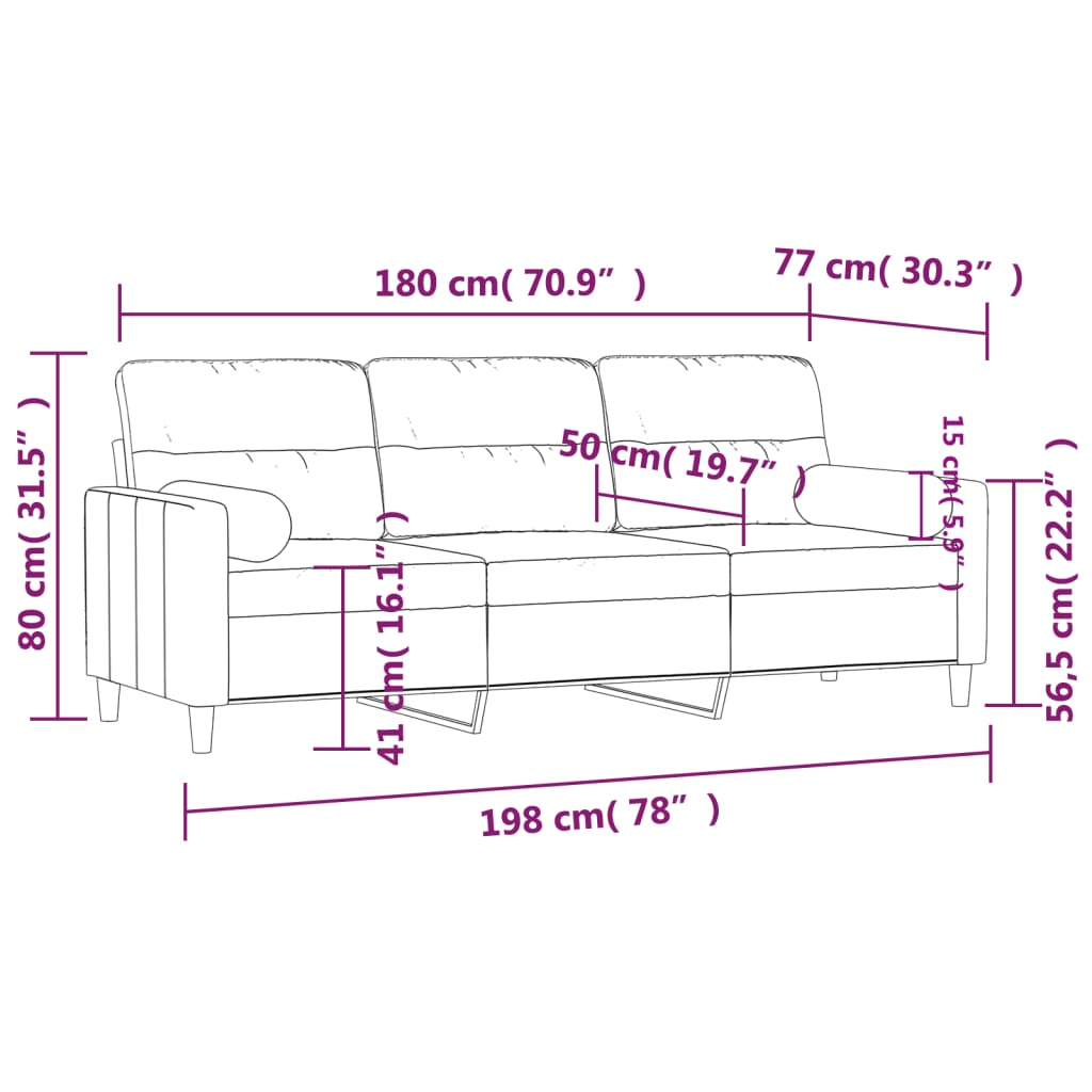 Canapea cu 3 locuri cu pernuțe, gri închis, 180 cm, textil