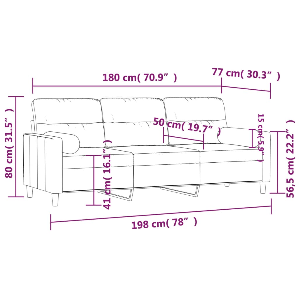 Canapea cu 3 locuri cu pernuțe, maro, 180 cm, textil