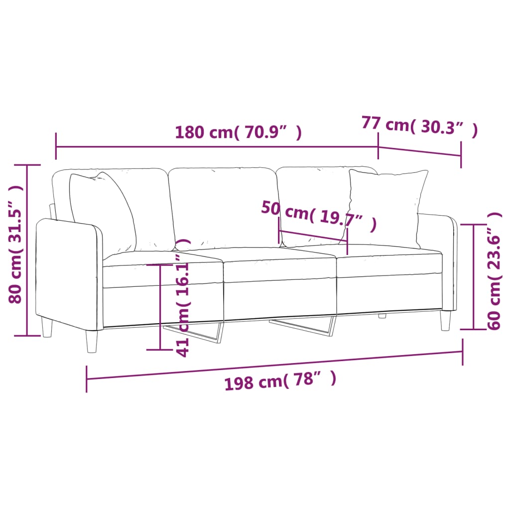 Canapea cu 3 locuri cu pernuțe, gri închis, 180 cm, textil