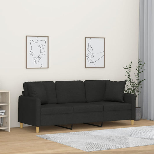 Canapea cu 3 locuri cu pernuțe, negru, 180 cm, textil