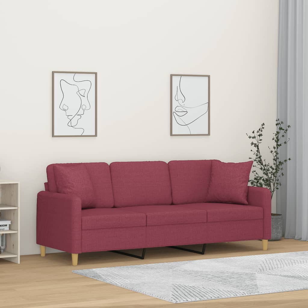 Canapea cu 3 locuri cu pernuțe, roșu vin, 180 cm, textil