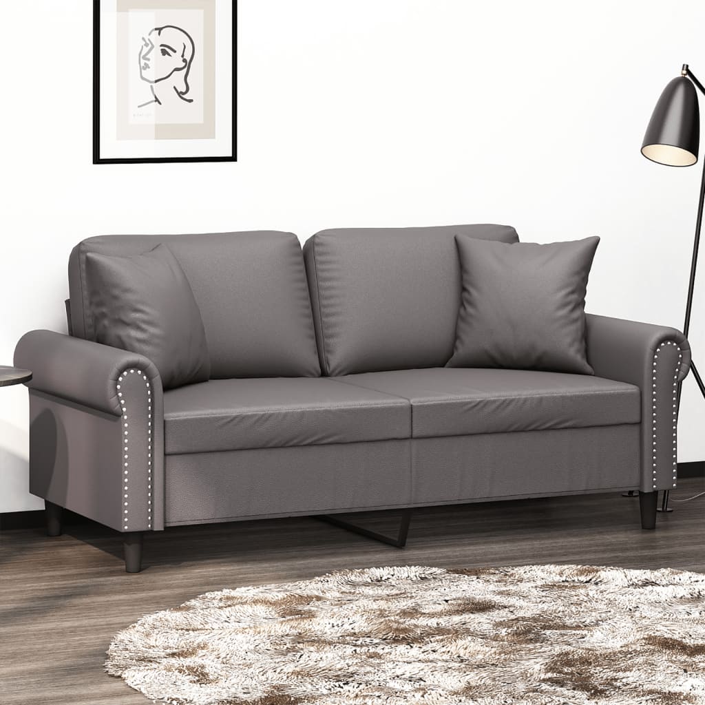 Canapea cu 2 locuri cu pernuțe, gri, 140 cm, piele ecologică