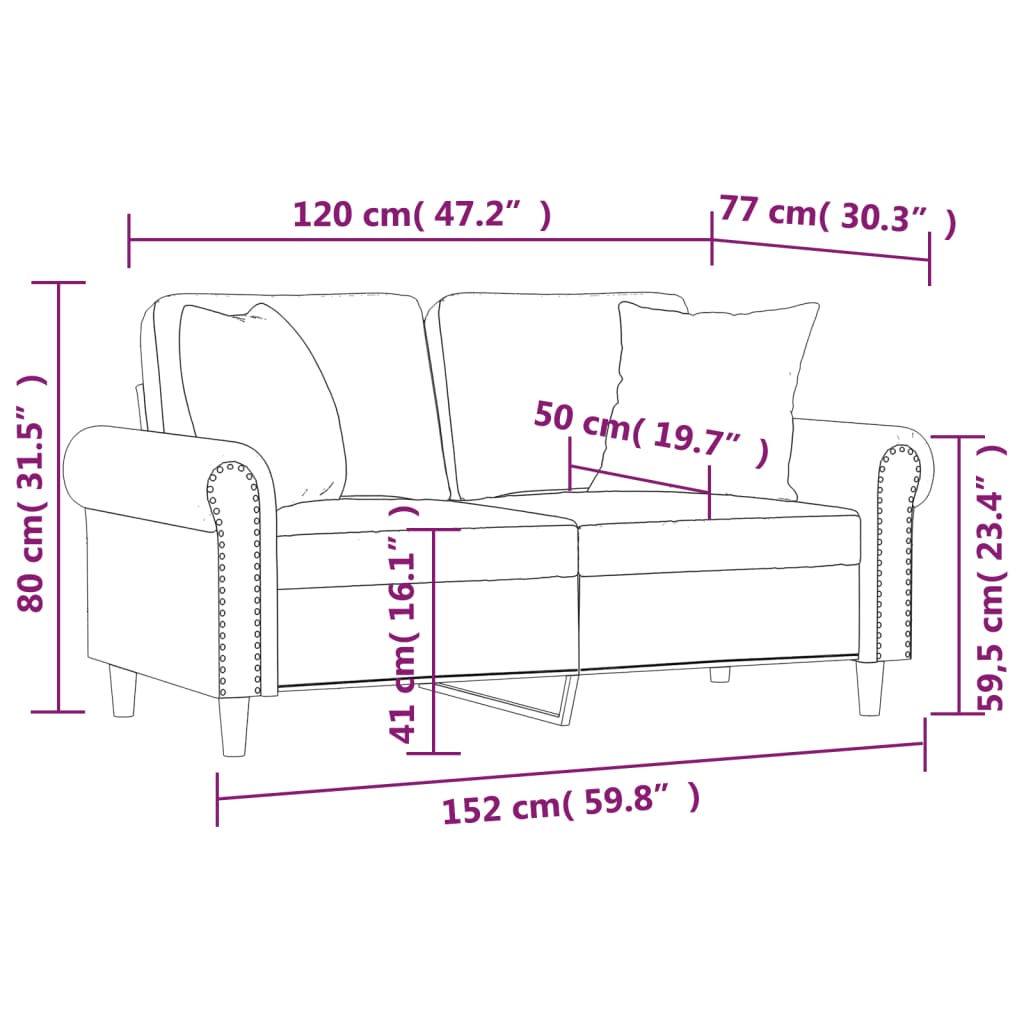 Canapea cu 2 locuri cu pernuțe, galben, 120 cm, catifea