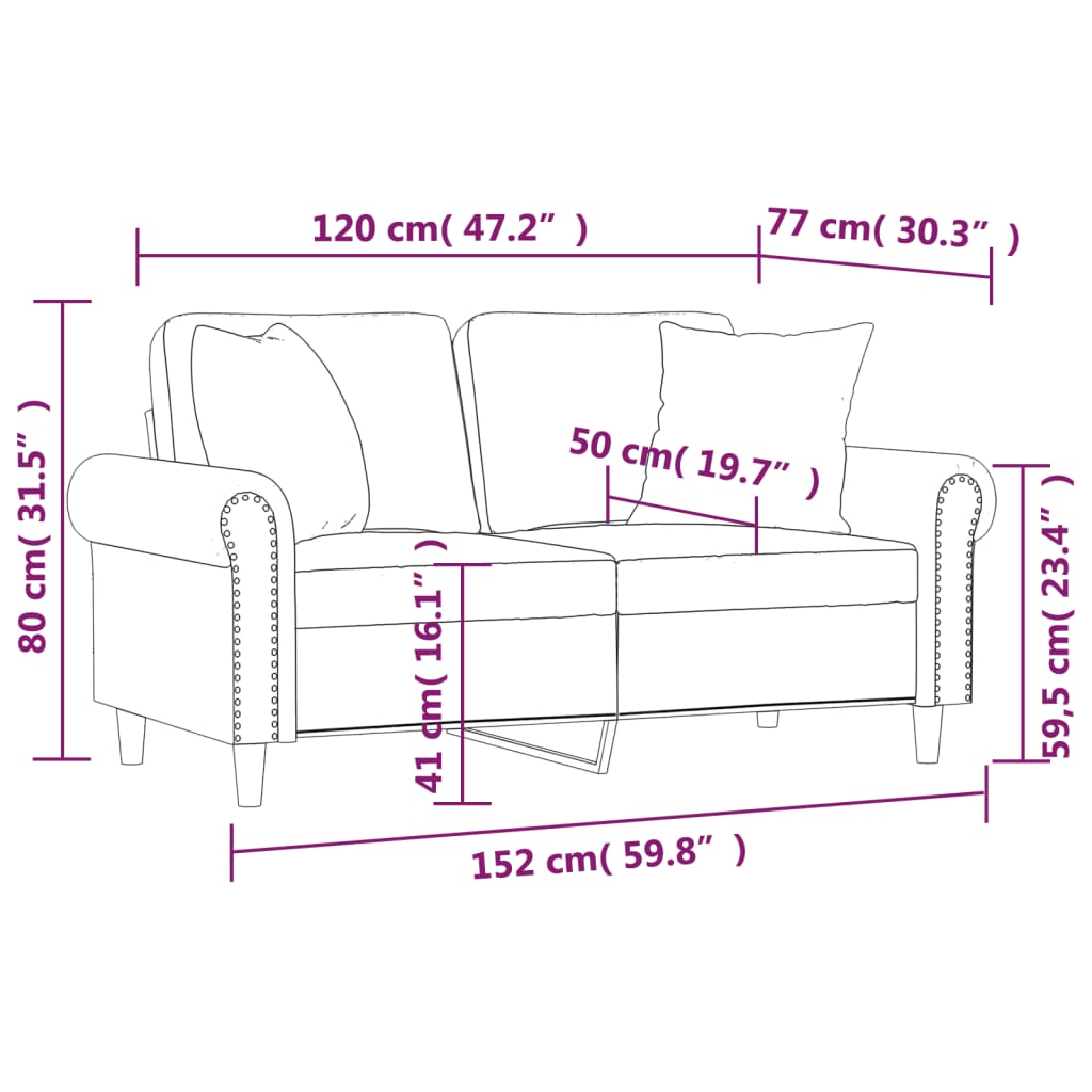 Canapea cu 2 locuri cu pernuțe, crem, 120 cm, catifea