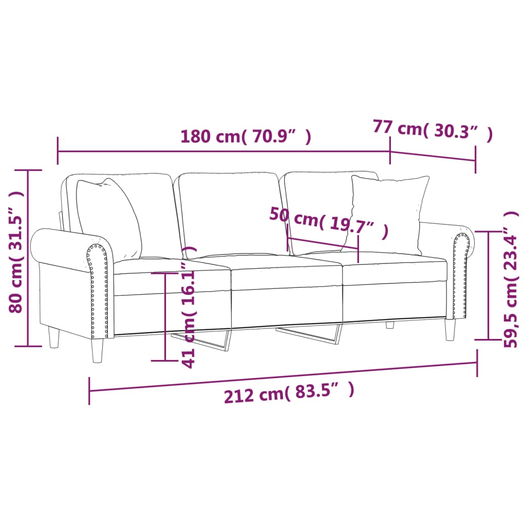 Canapea cu 3 locuri cu pernuțe, gri închis, 180 cm, catifea