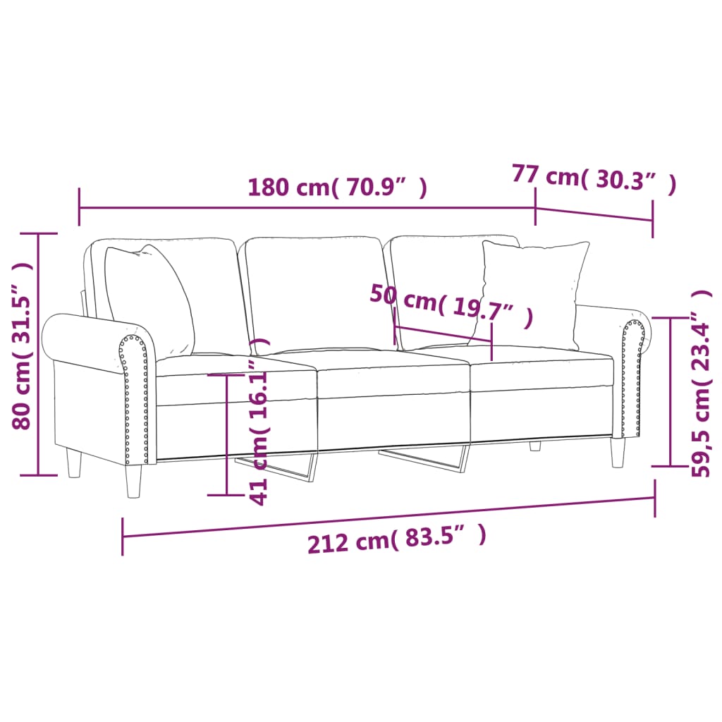 Canapea cu 3 locuri cu pernuțe, galben, 180 cm, catifea