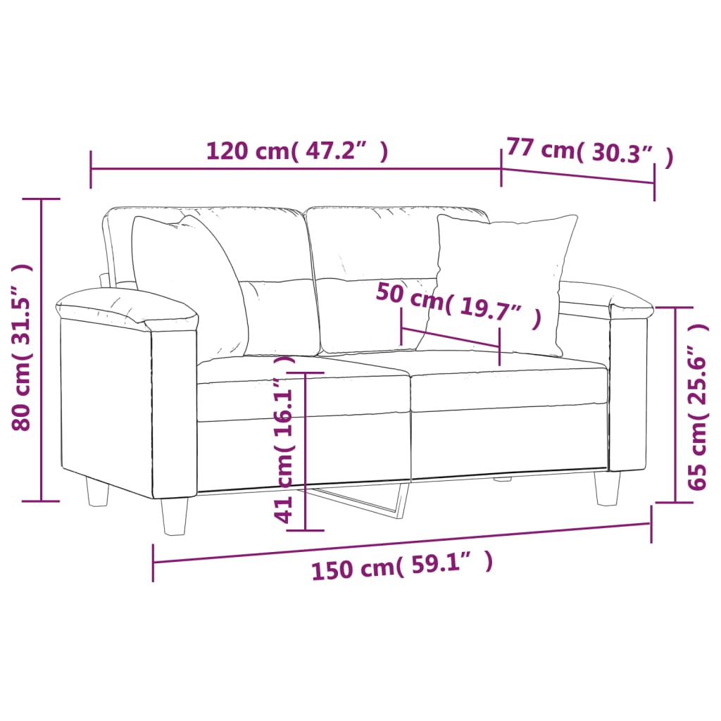 Canapea cu 2 locuri, cu perne, gri, 120 cm, microfibră