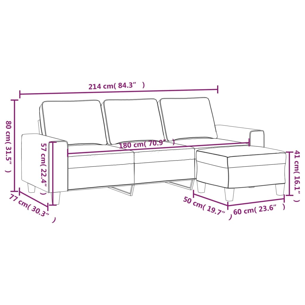 Canapea cu 3 locuri și taburet, gri închis, 180 cm, textil