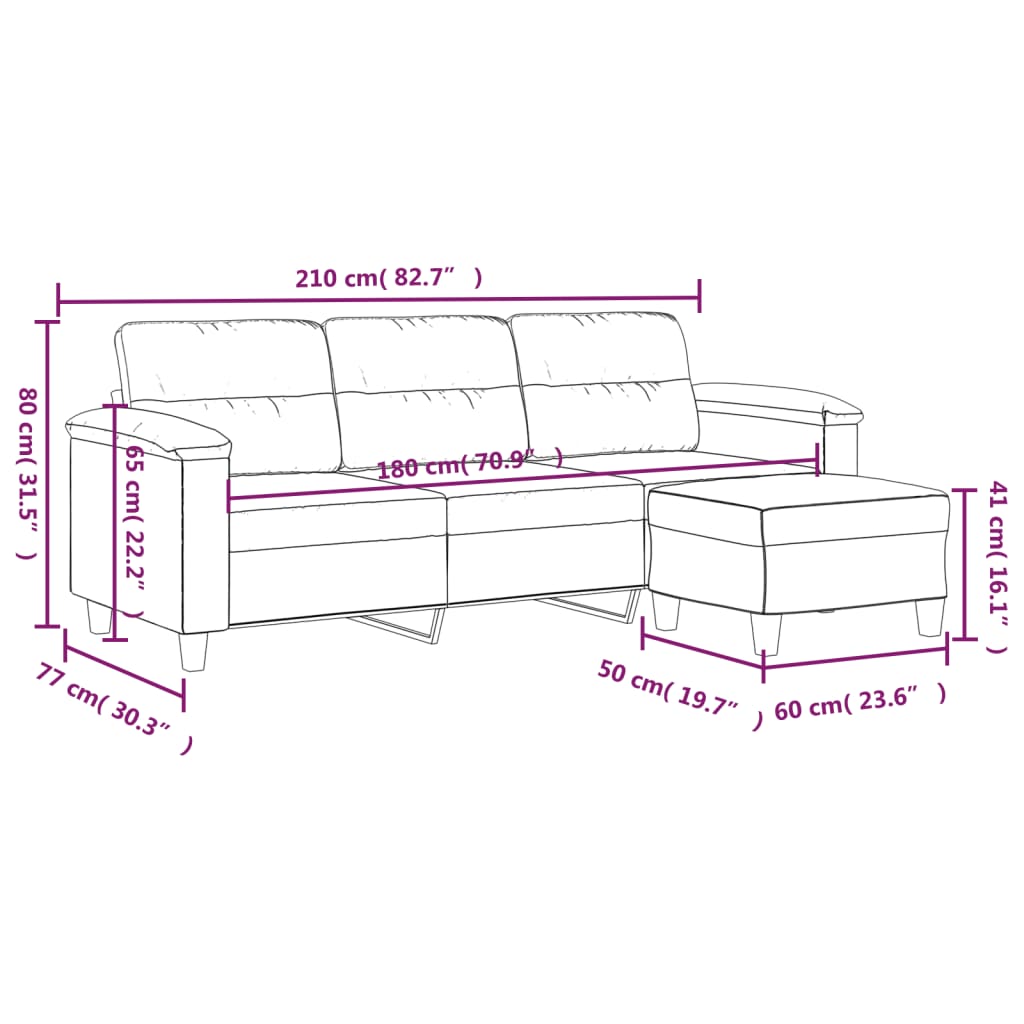 Canapea cu 3 locuri și taburet, crem, 180 cm, microfibră