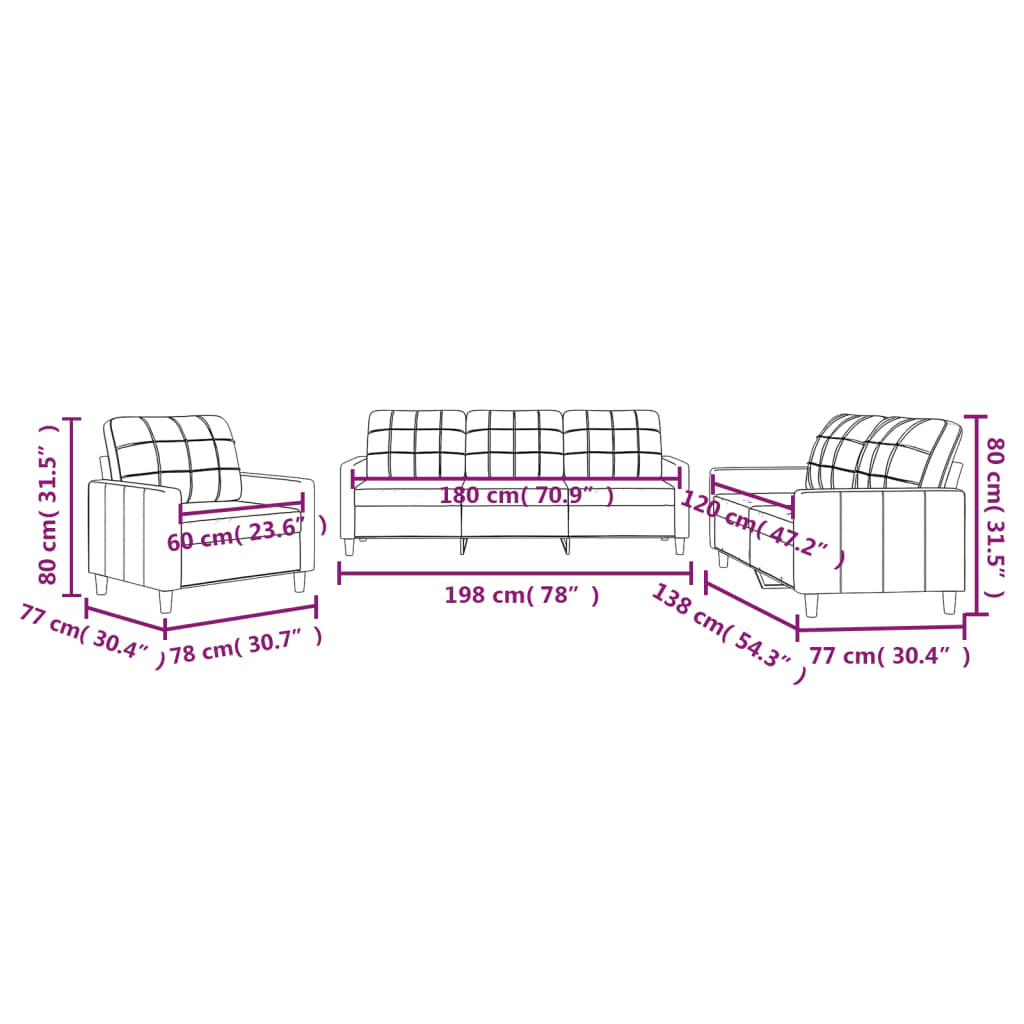 Set de canapele cu perne, 3 piese, gri deschis, textil