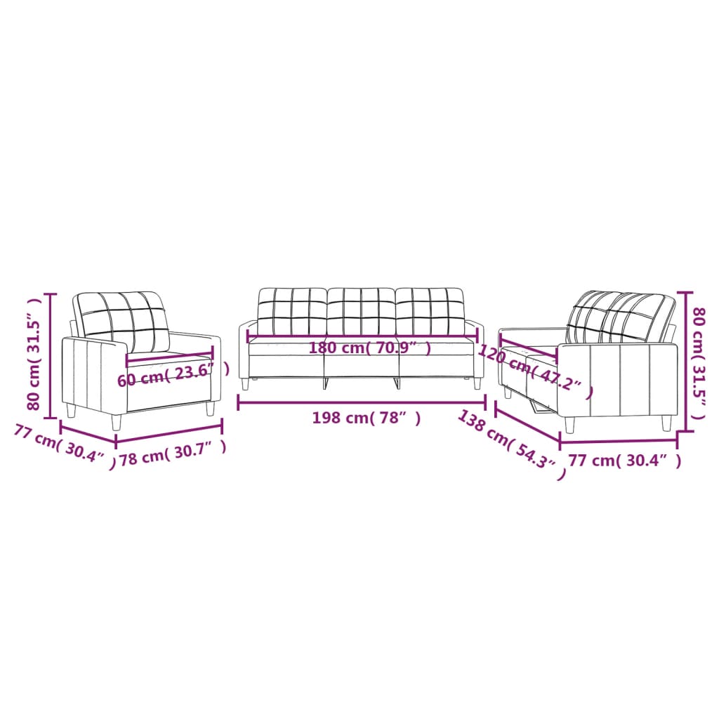 Set de canapele cu perne, 3 piese, crem, textil