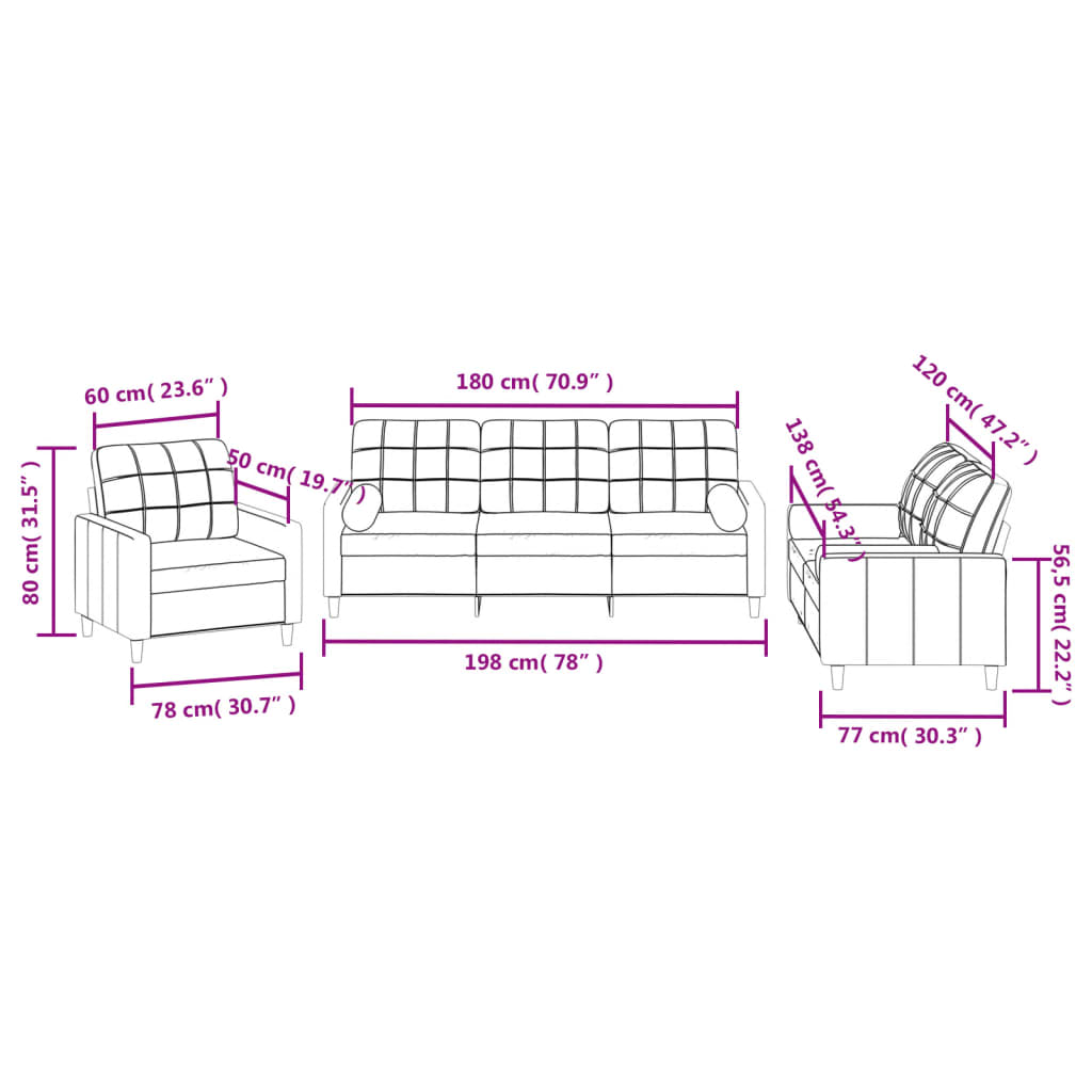 Set de canapele cu perne, 3 piese, crem, textil