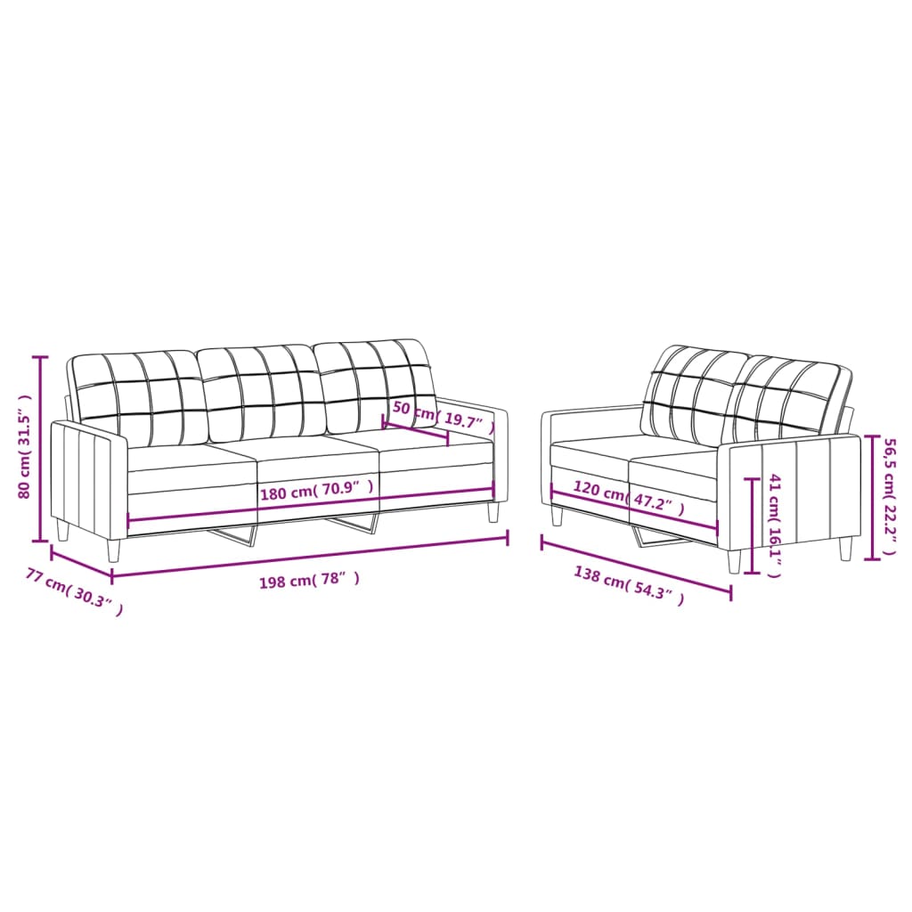 Set de canapele cu perne, 2 piese, crem, textil