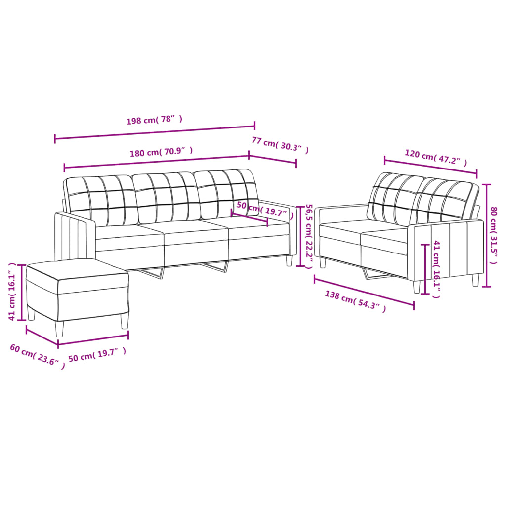 Set de canapele cu perne, 3 piese, maro, textil