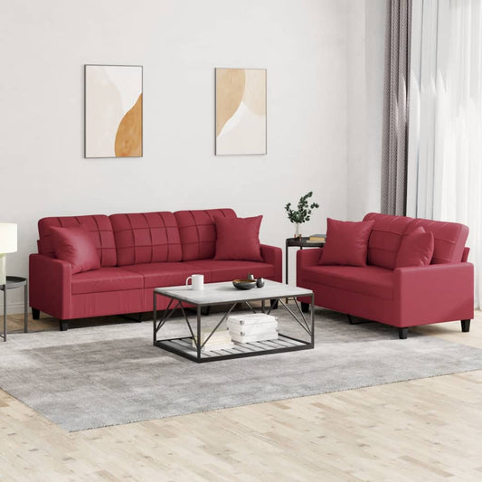 Set de canapele cu perne, 2 piese, roșu vin, piele ecologică