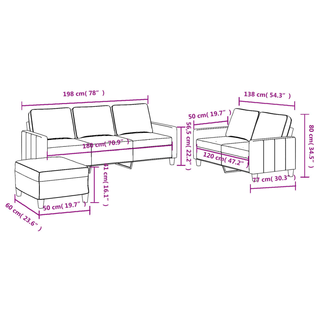 Set de canapele cu perne, 3 piese, gri deschis, textil