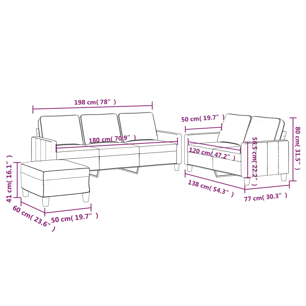 Set de canapele cu perne, 3 piese, crem, catifea