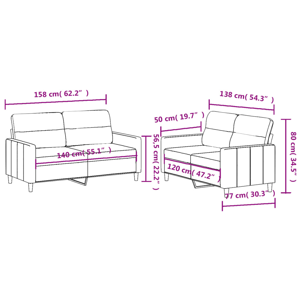 Set de canapele cu perne, 2 piese, crem, textil