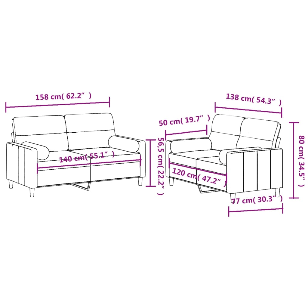 Set de canapele cu perne, 2 piese, crem, material textil