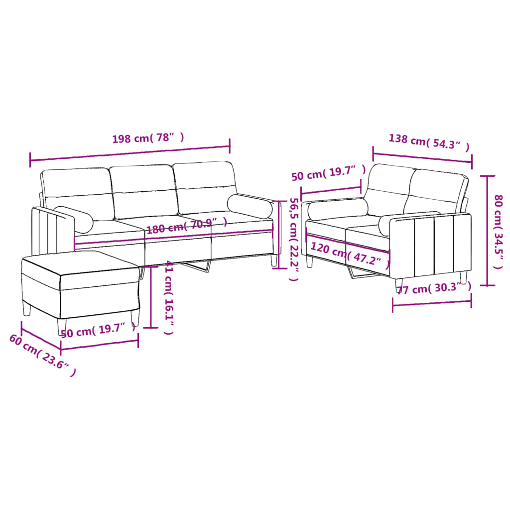 Set de canapele cu perne, 3 piese, gri închis, textil