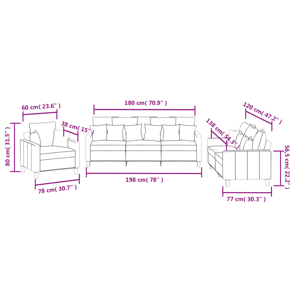 Set de canapele cu perne, 3 piese, gri închis, textil