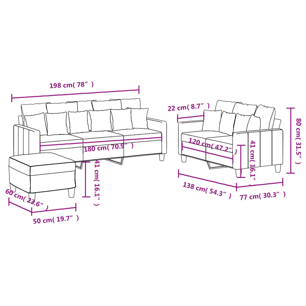 Set de canapele cu perne, 3 piese, gri deschis, textil