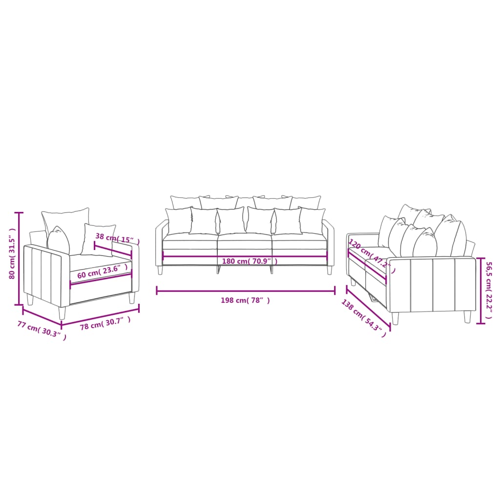 Set de canapele cu perne, 3 piese, roz, catifea