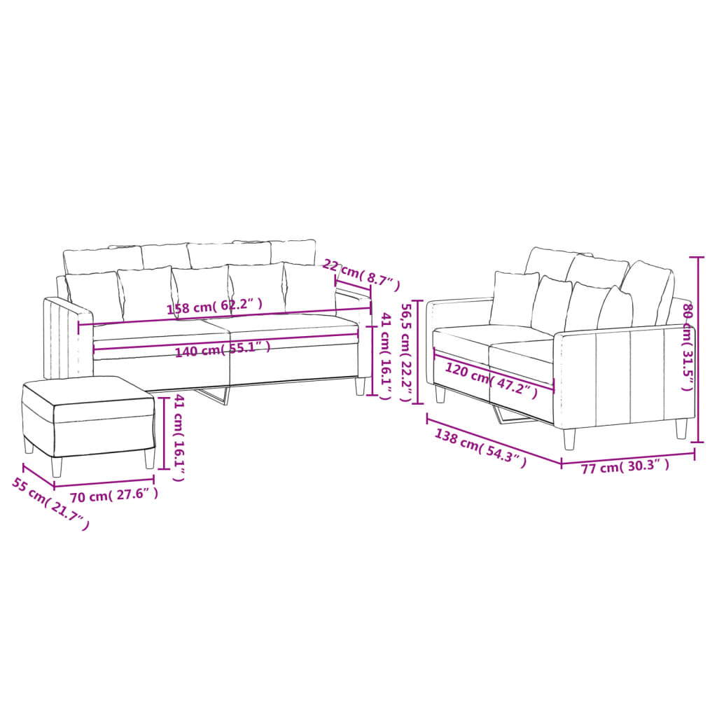 Set de canapele cu perne, 3 piese, maro, catifea