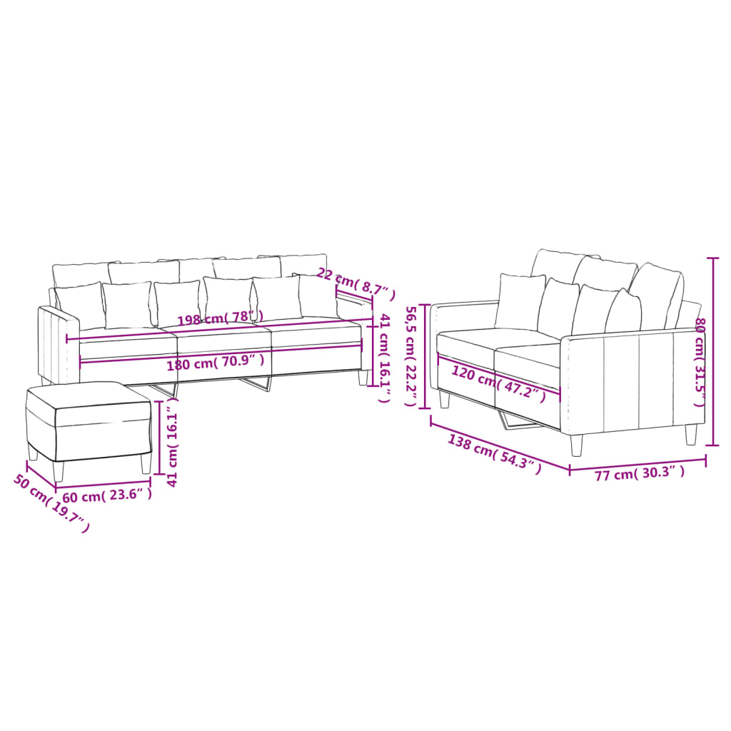 Set de canapele cu perne, 3 piese, maro, catifea