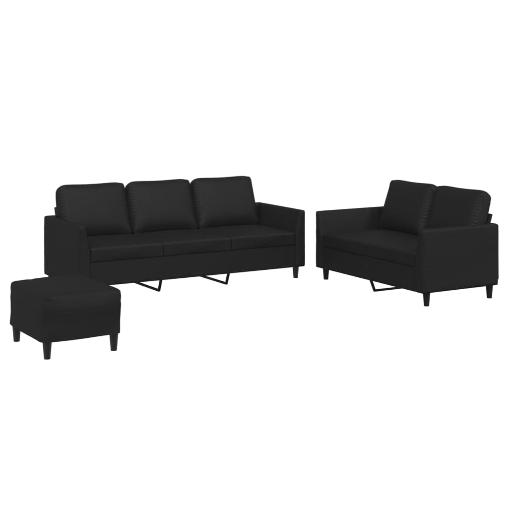 Set de canapele cu perne, 3 piese, negru, piele ecologică